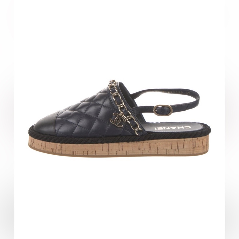 Chanel Navy & Black Quilted Mules with Gold Chain